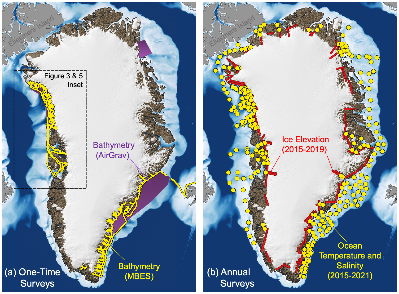 Scientific data showing Greenland ice sheet changes and ocean temperature measurements